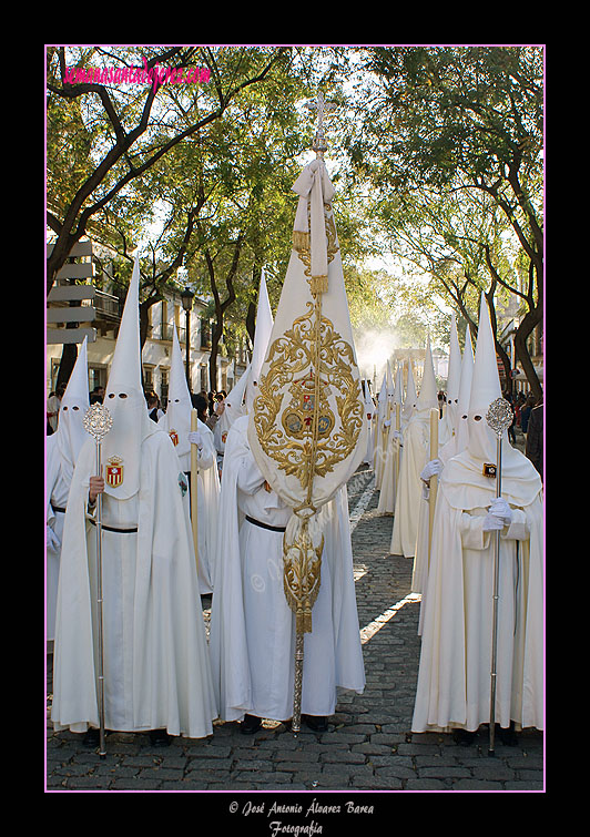 Nazareno portando el Estandarte de la Hermandad del Transporte