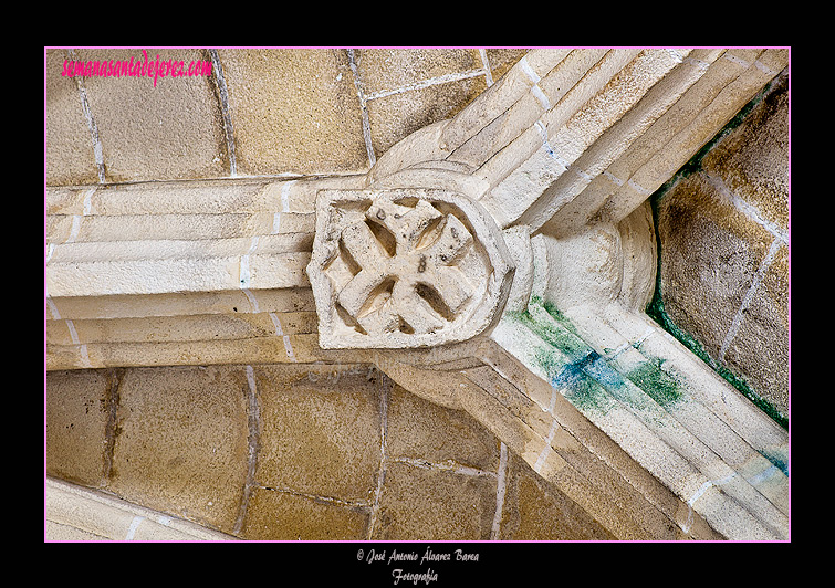 Uno de los escudos de órdenes militares en las claves de la bóveda estrellada del Sagrario (Iglesia de San Juan de los Caballeros)