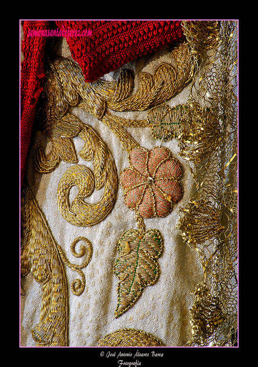 Detalle de los bordados de la saya de salida de Santa María de la Paz y Concordia