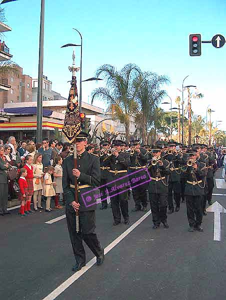 Banda de Cornetas y Tambores del Cristo de la Expiración, de la Hermandad de la Esperanza de Huelva, tras el Paso del Cristo de la Defensión